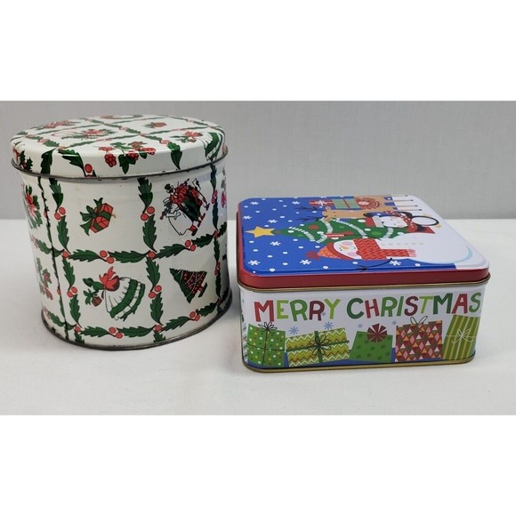 Small Christmas Tins Candy Cookies Goodies EMPTY with Lids Lot of 2 - Picture 4 of 11